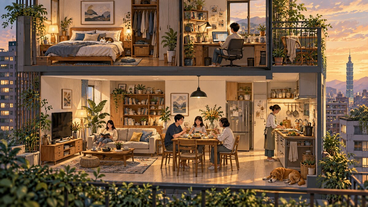 台灣住家的剖面插畫呈現休息、工作、相聚與做飯的不同生活空間