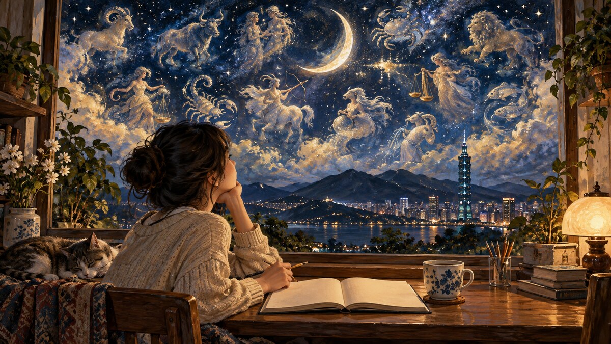 讀者在台灣住家的窗邊書寫,藝術夜空中有月牙與星座象徵